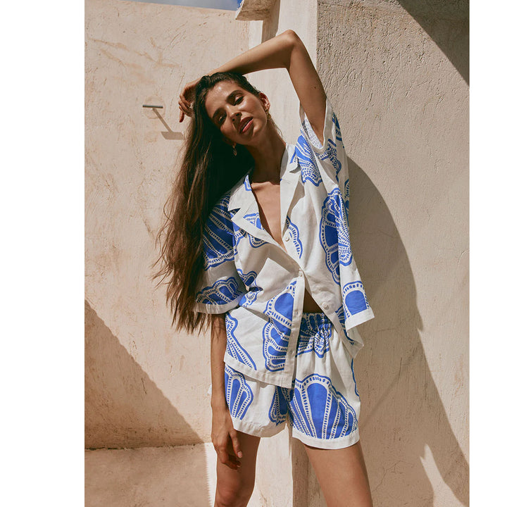 Women's Summer Short Sleeve Set with Maritime Shell Design and Loose Fit