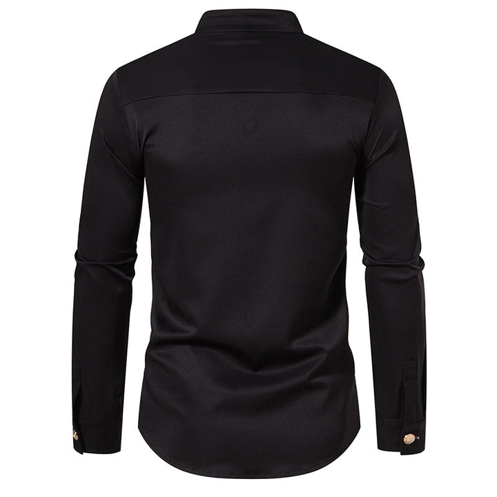 Men's Long Sleeve Shirt with Traditional Stand Collar and Decorative Buttons Lisslune