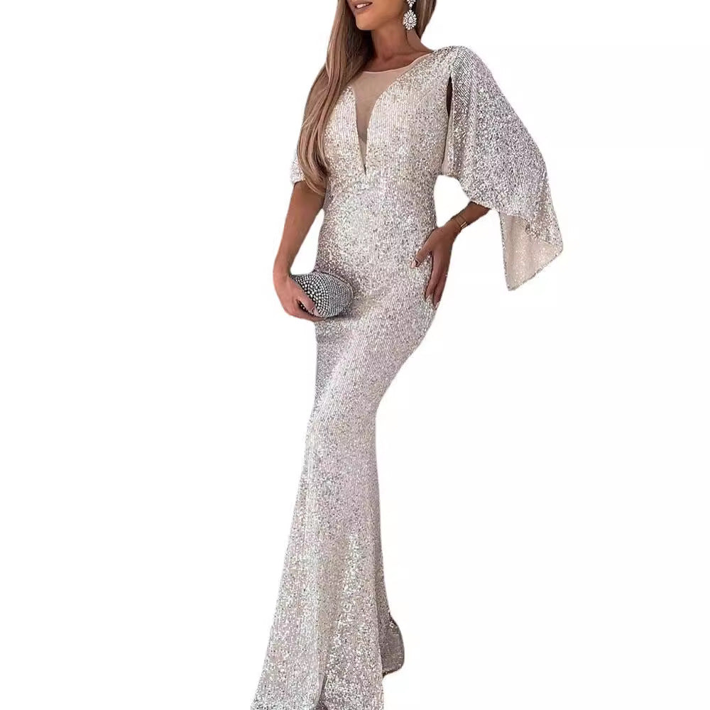 Ladies Sparkling Evening Dress with Deep V-Neck and Wide Sleeves Lisslune