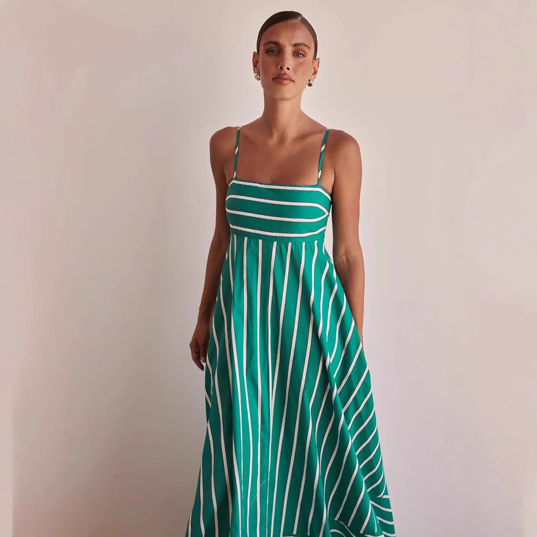 Women's Long Sleeve Maxi Dress with Elegant Stripe Pattern and Flowing Cut