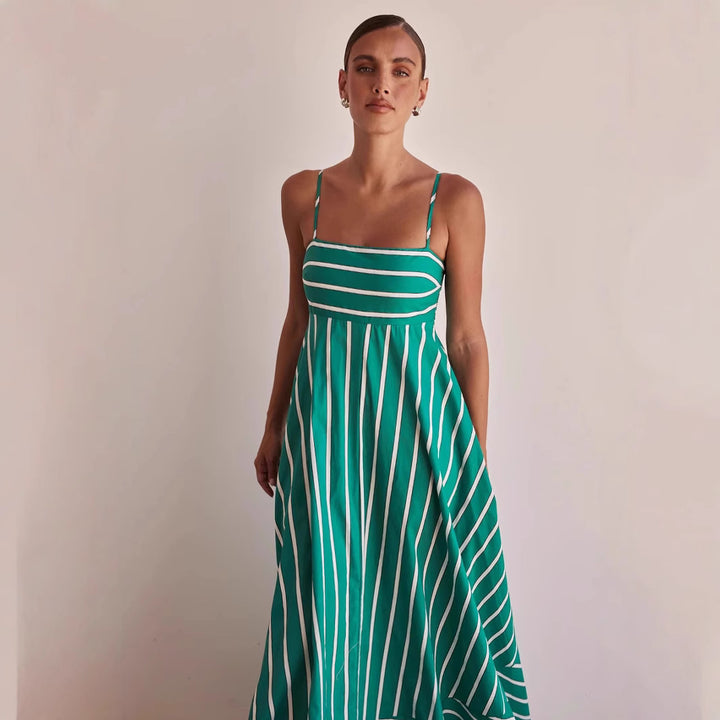 Women's Long Sleeve Maxi Dress with Elegant Stripe Pattern and Flowing Cut