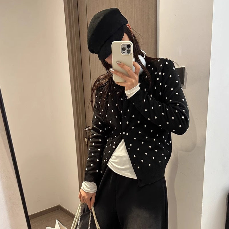 Women's cardigan with modern dots and fine button placket