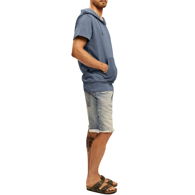 Men's Short Sleeve Hoodie with Practical Kangaroo Pocket Lisslune