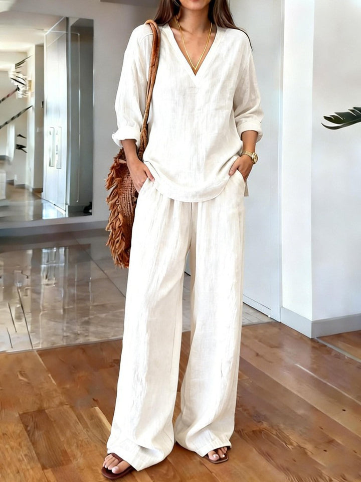 Women's Casual Linen Top and Wide Palazzo Pants Set Lisslune