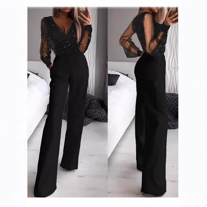Women Elegant Jumpsuit with Transparent Blouse and Shimmering Accents Lisslune