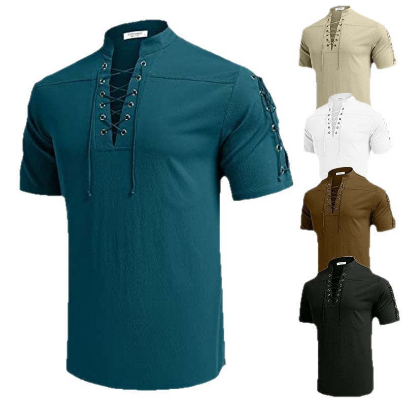 Men's casual short-sleeve shirt with lacing Lisslune