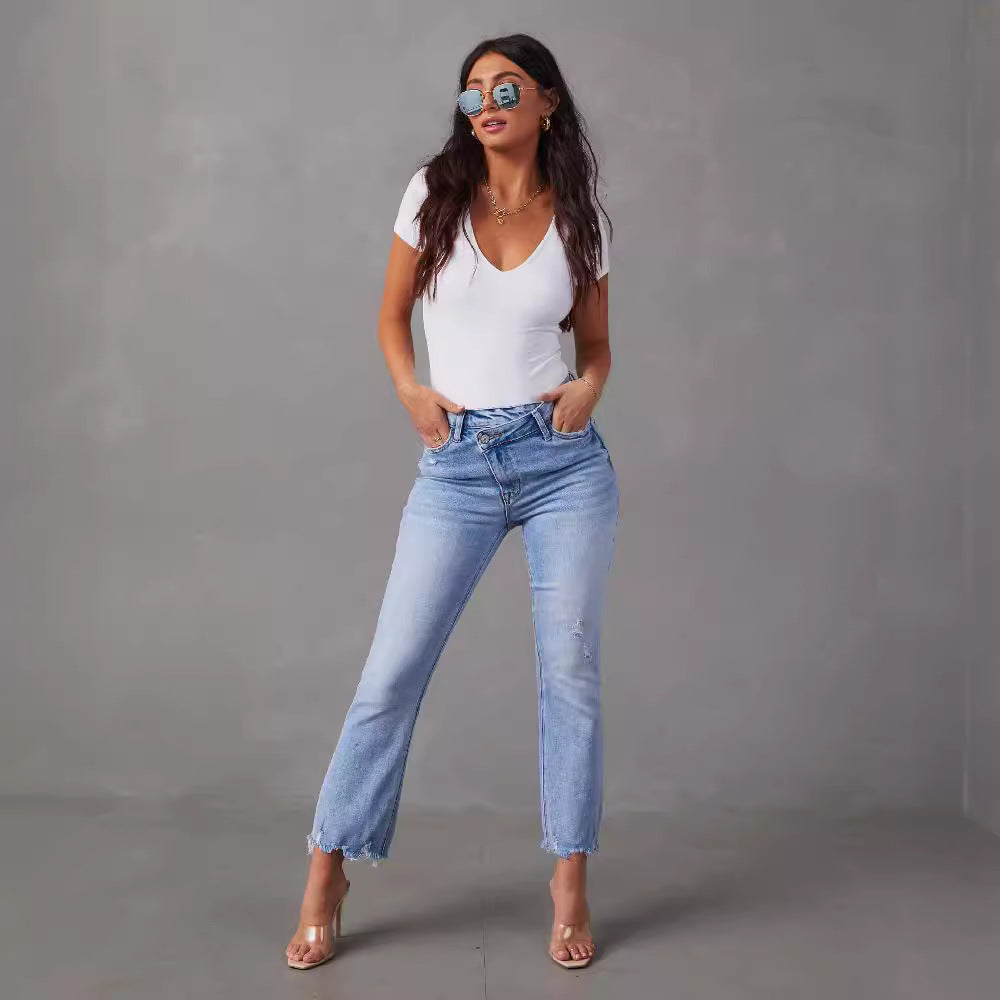 Women's high-waist jeans with trendy fringing and distressed details Lisslune