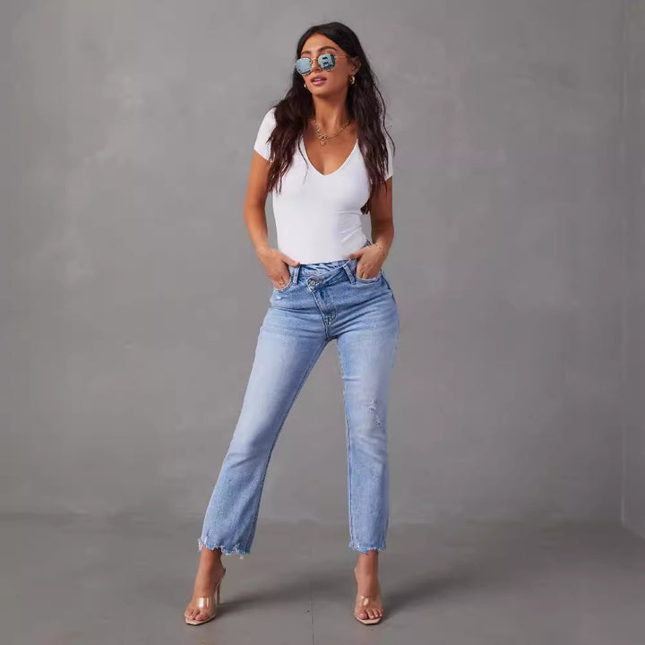 Women's high-waist jeans with trendy fringing and distressed details Lisslune