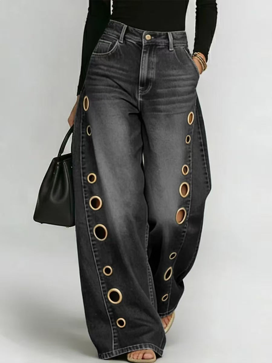 Women's Wide-Cut Jeans with Decorative Eyelets and High Waist Lisslune