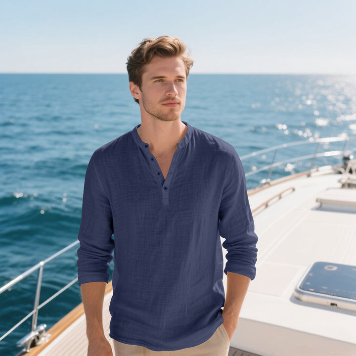 Men's elegant long-sleeve shirt with fashionable standing collar and structured surface Lisslune