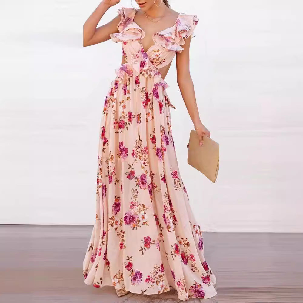 Women's Elegant Maxi Dress with Ruffle Details and Floral Design