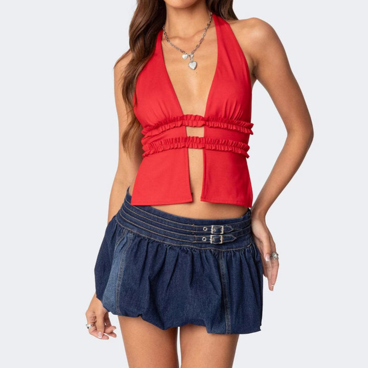Ladies Cropped Top with strapless neckline and ruffle details Lisslune