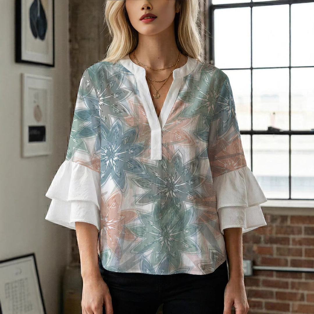 Ladies elegant top with voluminous ruffle hems and floral design Lisslune