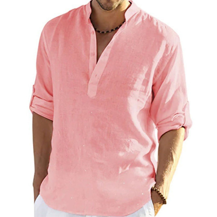 Men's linen shirt with modern stand-up collar and practical button details Lisslune