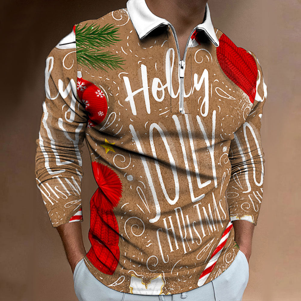 Men's Long Sleeve Polo Shirt with Festive Christmas Motif Lisslune
