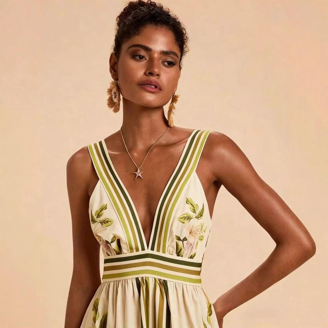 Women's maxi dress with deep V-neckline and floral design