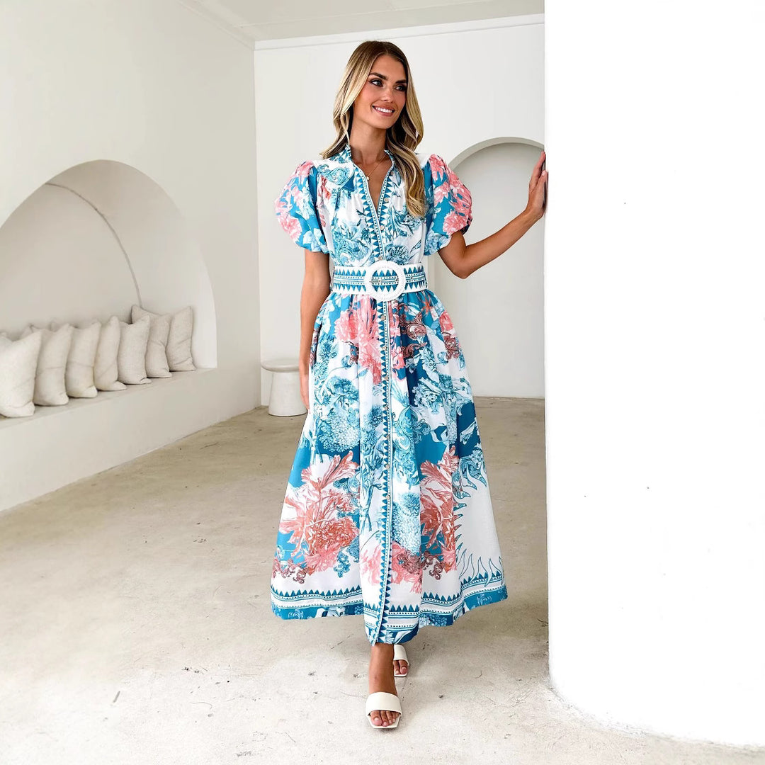 Women’s maxi dress with high collar and elegant puff sleeves Lune London