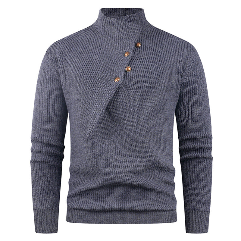Men's knitted sweater with asymmetric collar and decorative wooden buttons Lisslune