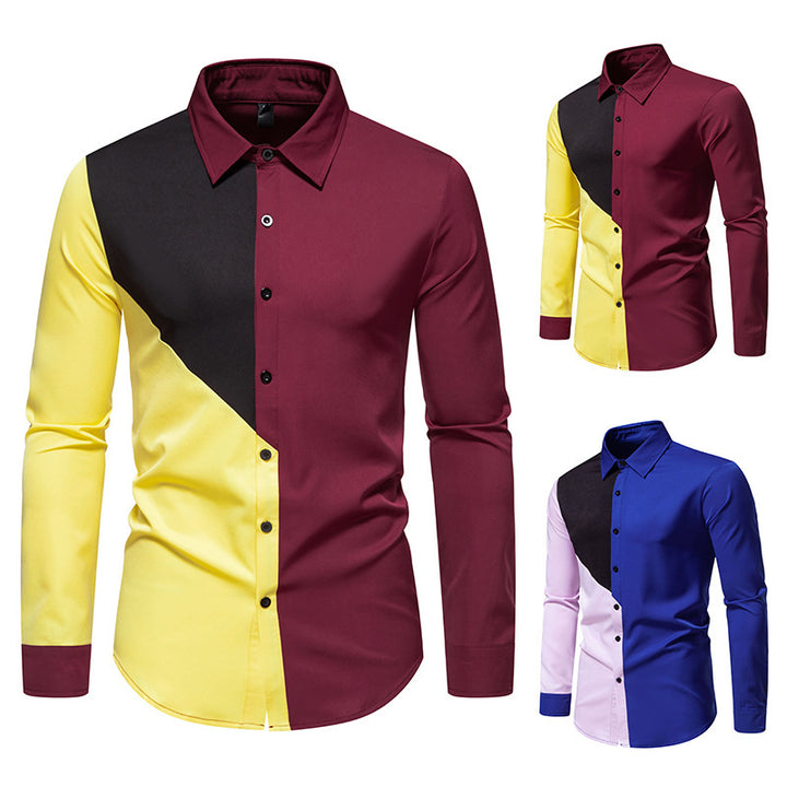 Men's fashionable long-sleeve shirt with geometric color play Lisslune