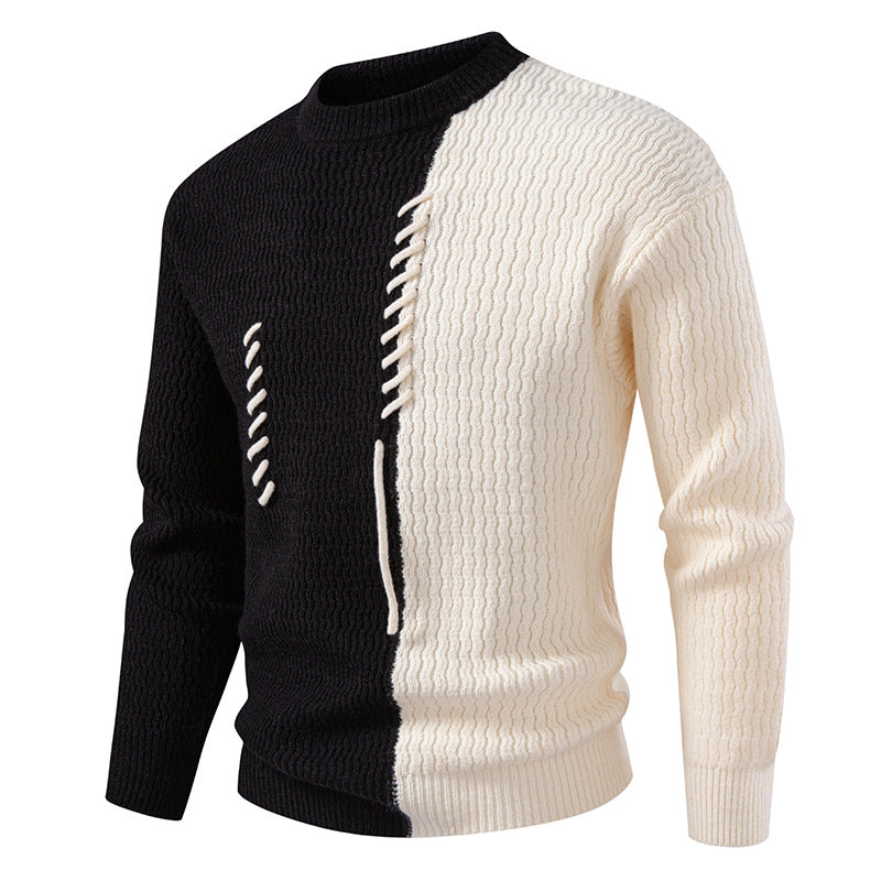 Men's chunky knit sweater with asymmetric pattern and decorative detail Lisslune