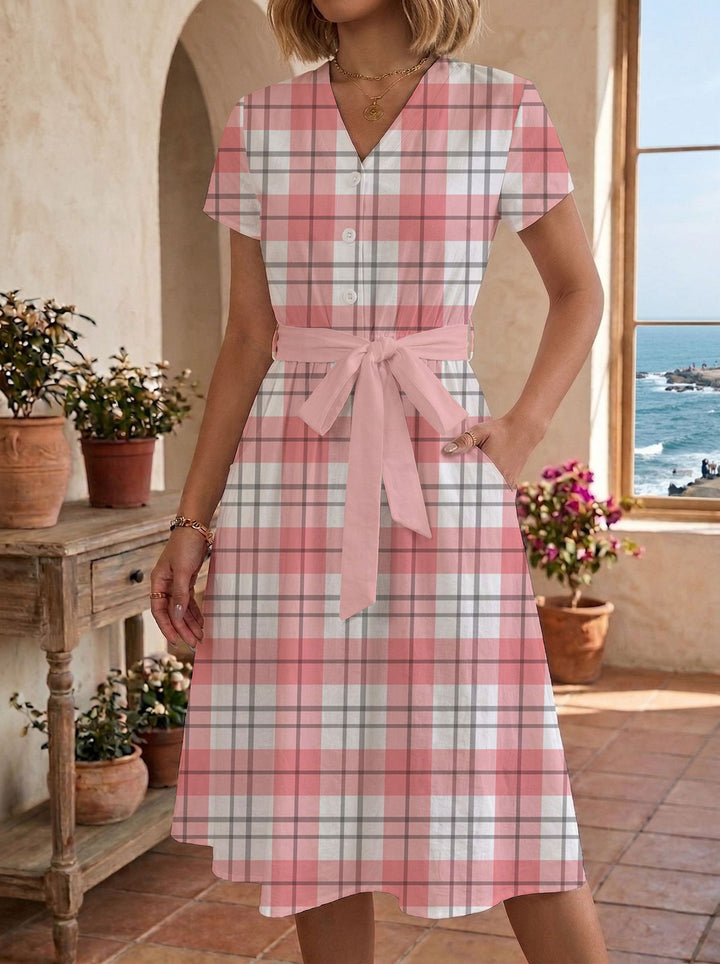 Women's casual maxi dress with adjustable knot and decorative check pattern Lisslune