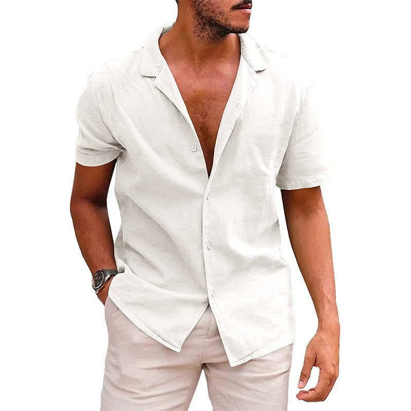 Men's short-sleeve shirt made of high-quality linen with stylish notch collar Lisslune