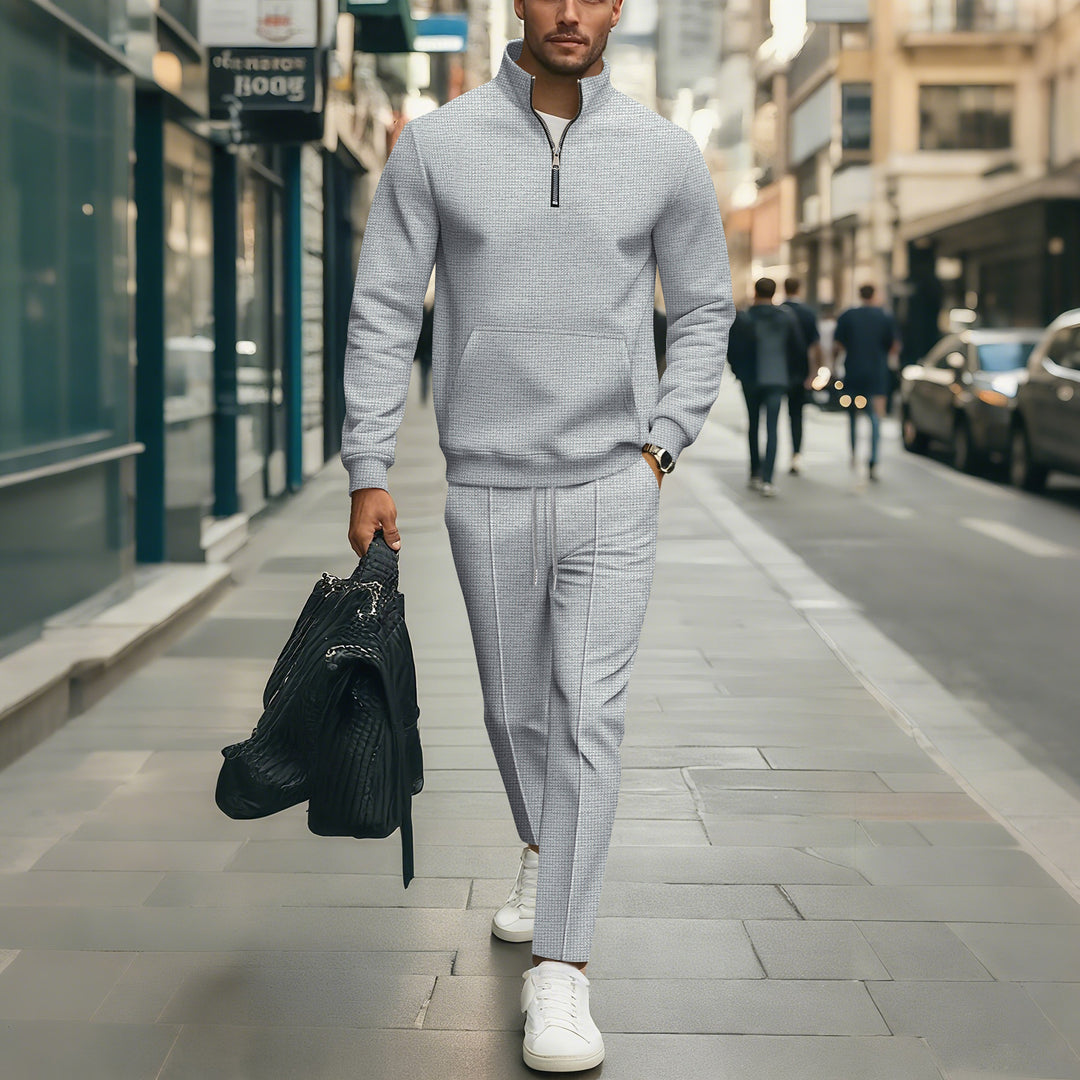 Men's Leisure Sweater Set with Modern Zipper and Elastic Waistband Lisslune