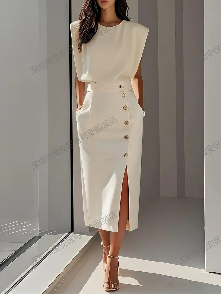 Women's Elegant Evening Dress with High Shoulders and Side Slit Lisslune