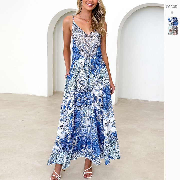 Women's maxi dress in elegant ethnic design with pockets and fine V-neck
