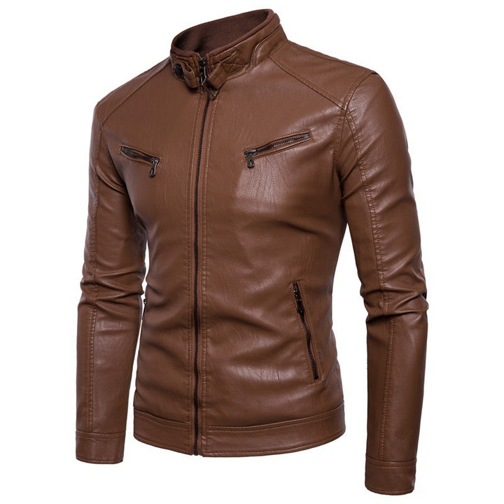 Men's elegant synthetic leather motorcycle jacket with stand-up collar Lisslune