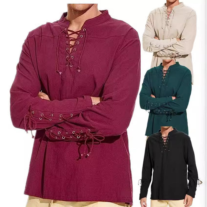 Men's Long Sleeve Linen Shirt with Modern Lace-Up Design Lisslune