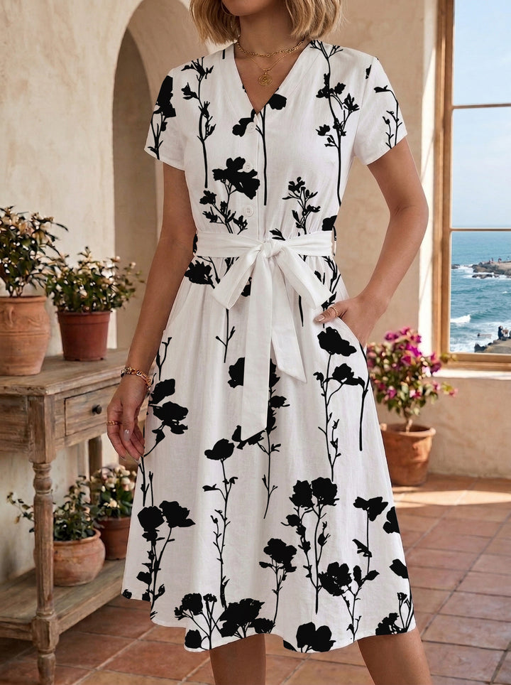 Women's Blooming Midi Dress with Adjustable Belt and Artistic Print Lisslune