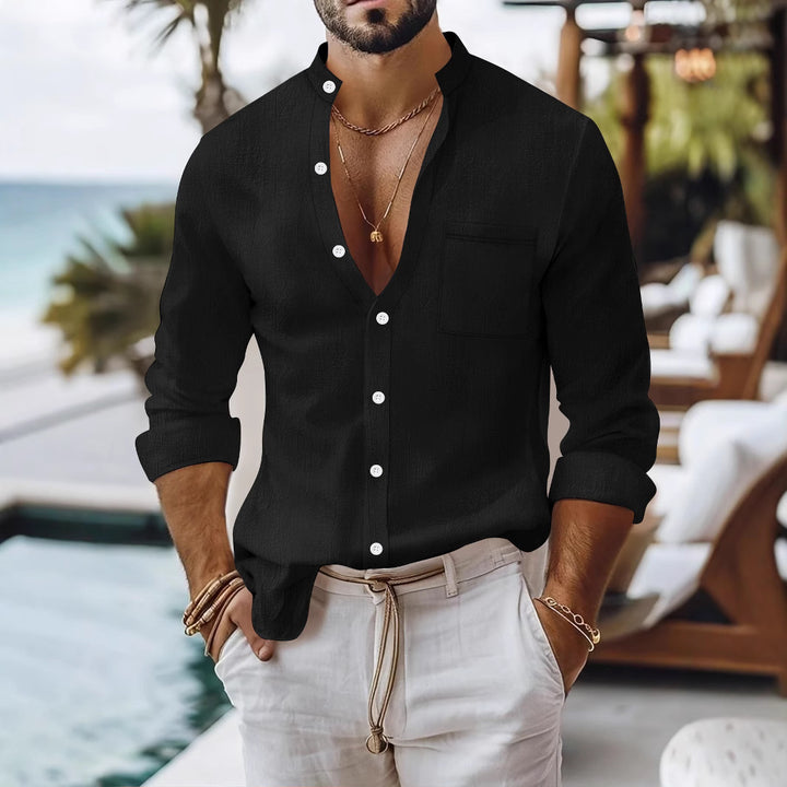Men's summer long-sleeve shirt with a modern stand-up collar and practical breast pocket Lisslune