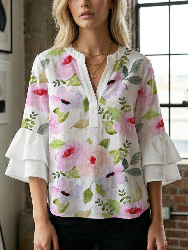 Ladies elegant blouse shirt with voluminous puff sleeves and graphic floral design Lisslune