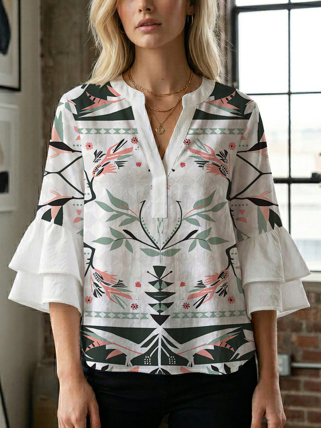 Women's casual blouse with ruffled sleeves and botanical print Lisslune