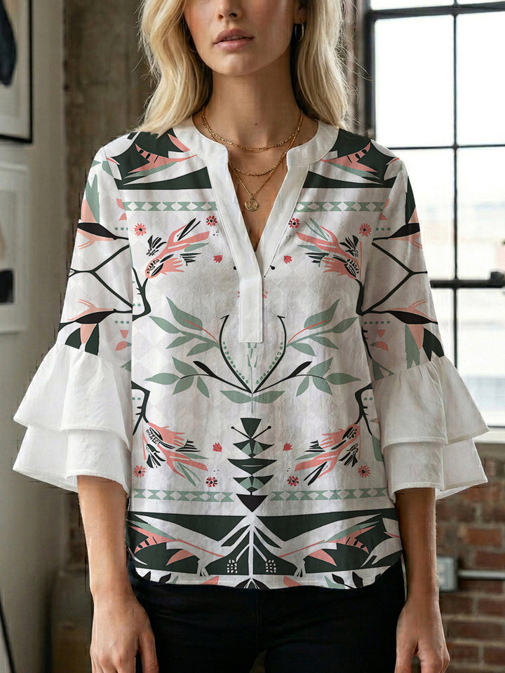 Women's casual blouse with ruffled sleeves and botanical print Lisslune