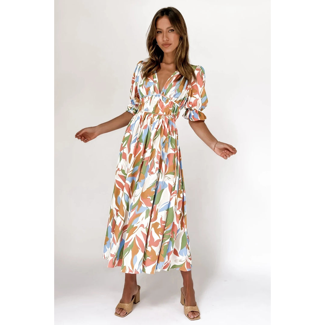 Women's maxi dress with casual V-neck and elastic waist drawstring Lune London