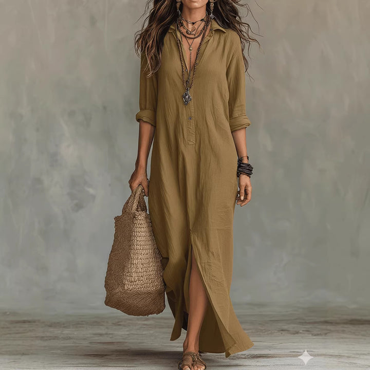 Women's Long Shirt Dress with Button Closure and Side Slit Lisslune