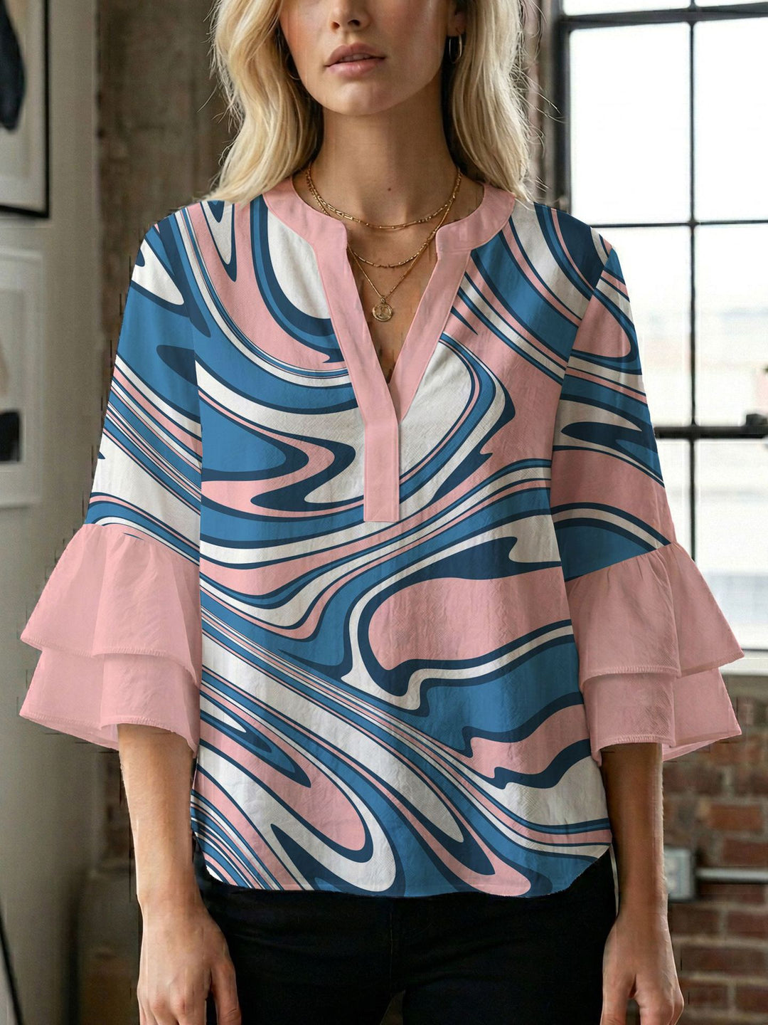 Women's blouse shirt with voluminous sleeves and creative print design Lisslune