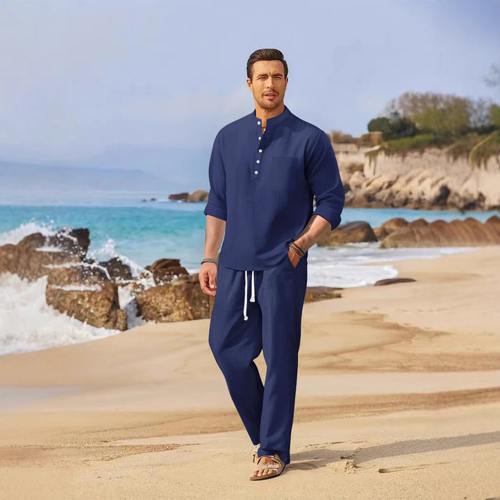 Men's relaxed beach suit with modern stand-up collar and practical pockets Lisslune