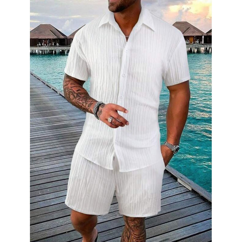 Men's short-sleeve leisure suit with textured design and elastic waistband Lisslune