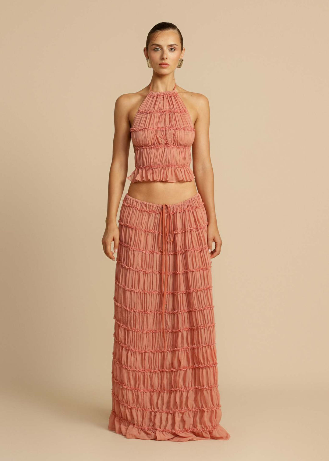 Women's Elegant and Playful Two-Piece Summer Dress with Ruffled Top and Flowing Skirt
