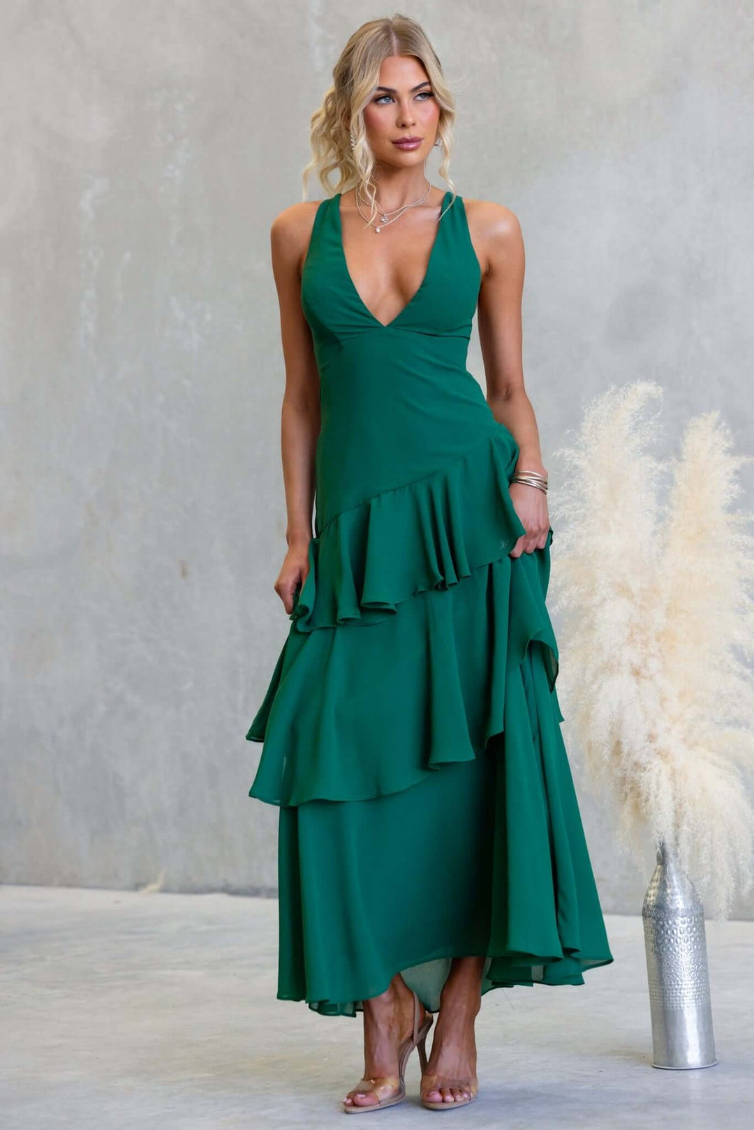 Women's maxi dress with seductive ruffle layers and deep V-neck
