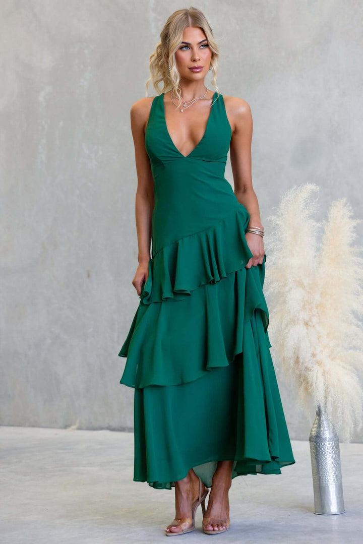Women's maxi dress with seductive ruffle layers and deep V-neck