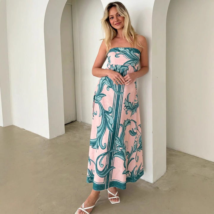 Women's Bandeau Maxi Dress with Elegant Floral Print and Flowing Cut