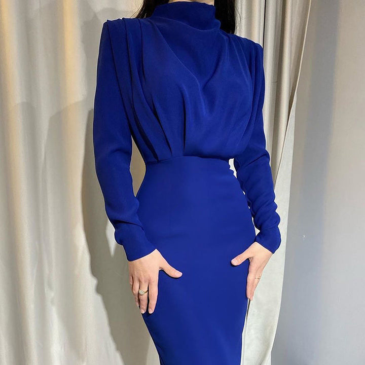 Damen Elegantes Langarm-Maxi-Kleid mit raffinierter Drapierung und hohem Kragen Lisslune