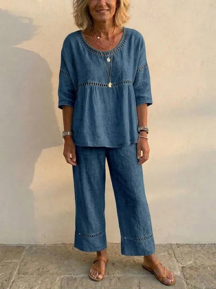 Women's Complete Linen Loungewear Suit with Airy Fit and Lace Accents Lisslune