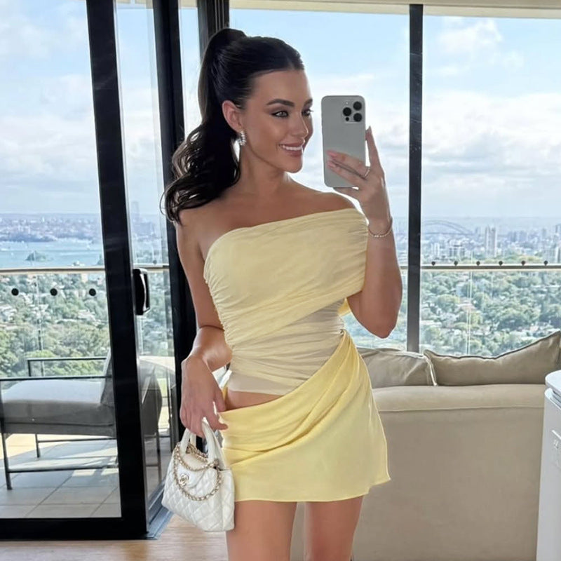 Women's Off-Shoulder Mini Dress with Figure-Hugging Ruffle Design and Asymmetrical Hem