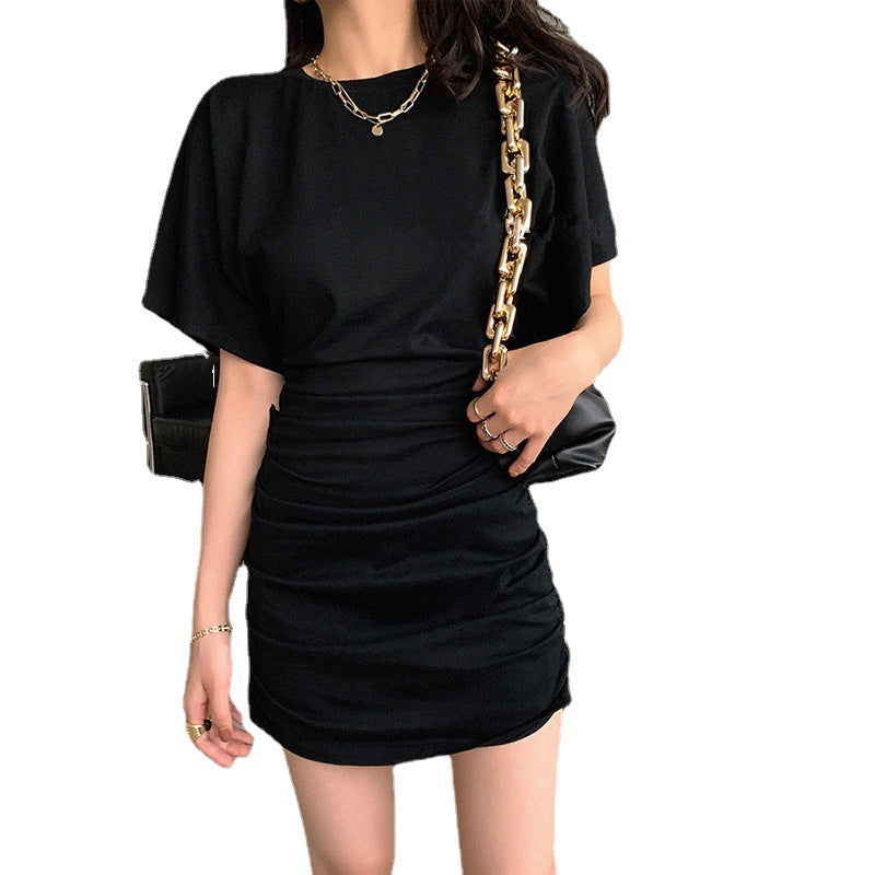 Ladies elegant mini dress with gathering and deep V-neck