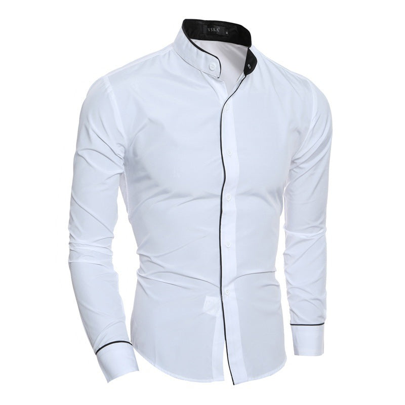 Men's Long-Sleeve Shirt with Modern Stand Collar and Contrasting Details Lisslune